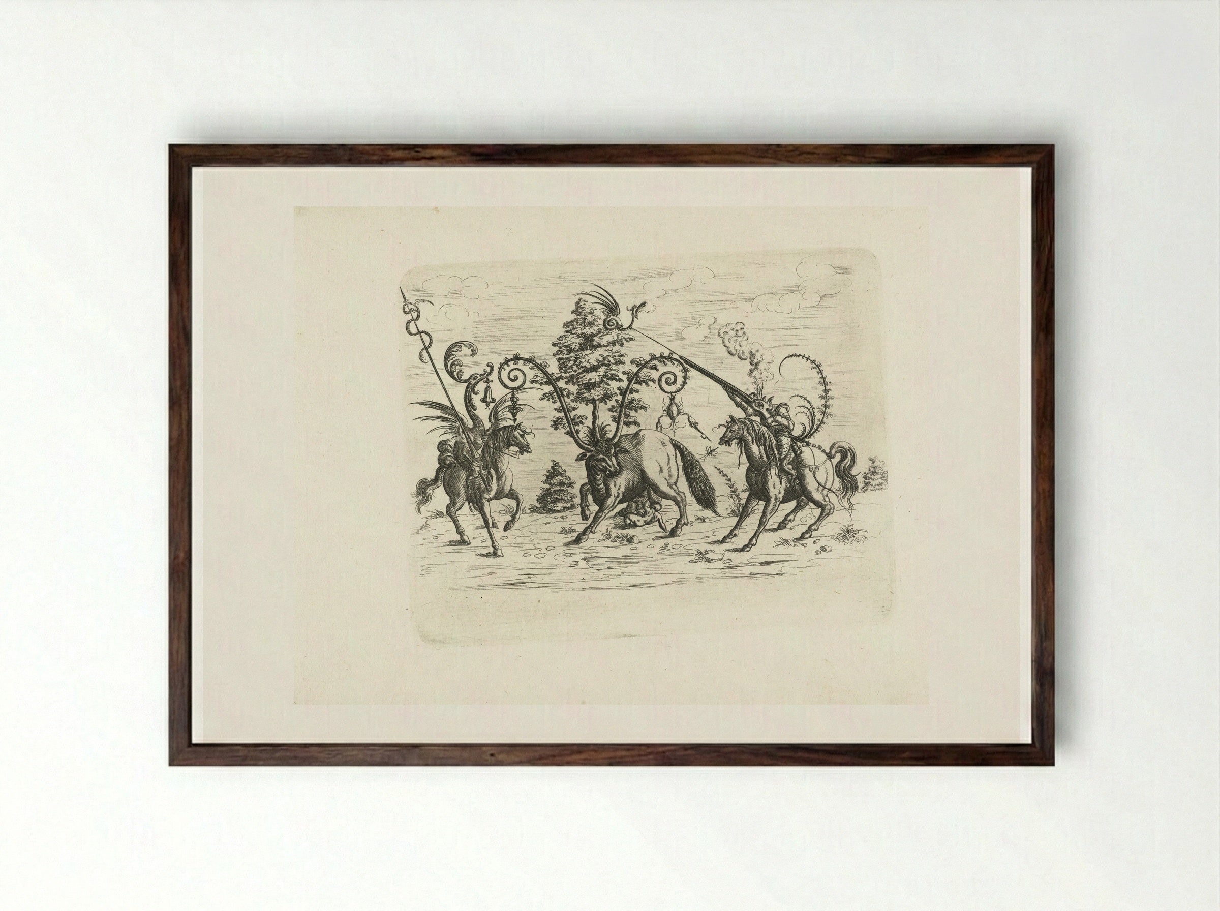 Landschap met een koe tussen twee fantastische wezens te paard - Christoph Jamnitzer - Framed Print Dark Wood