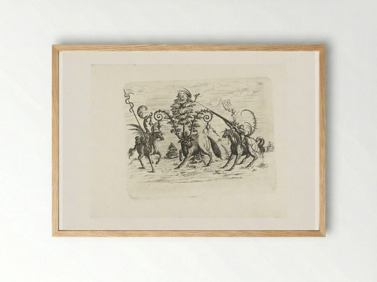Landschap met een koe tussen twee fantastische wezens te paard - Christoph Jamnitzer - Framed Print Wood