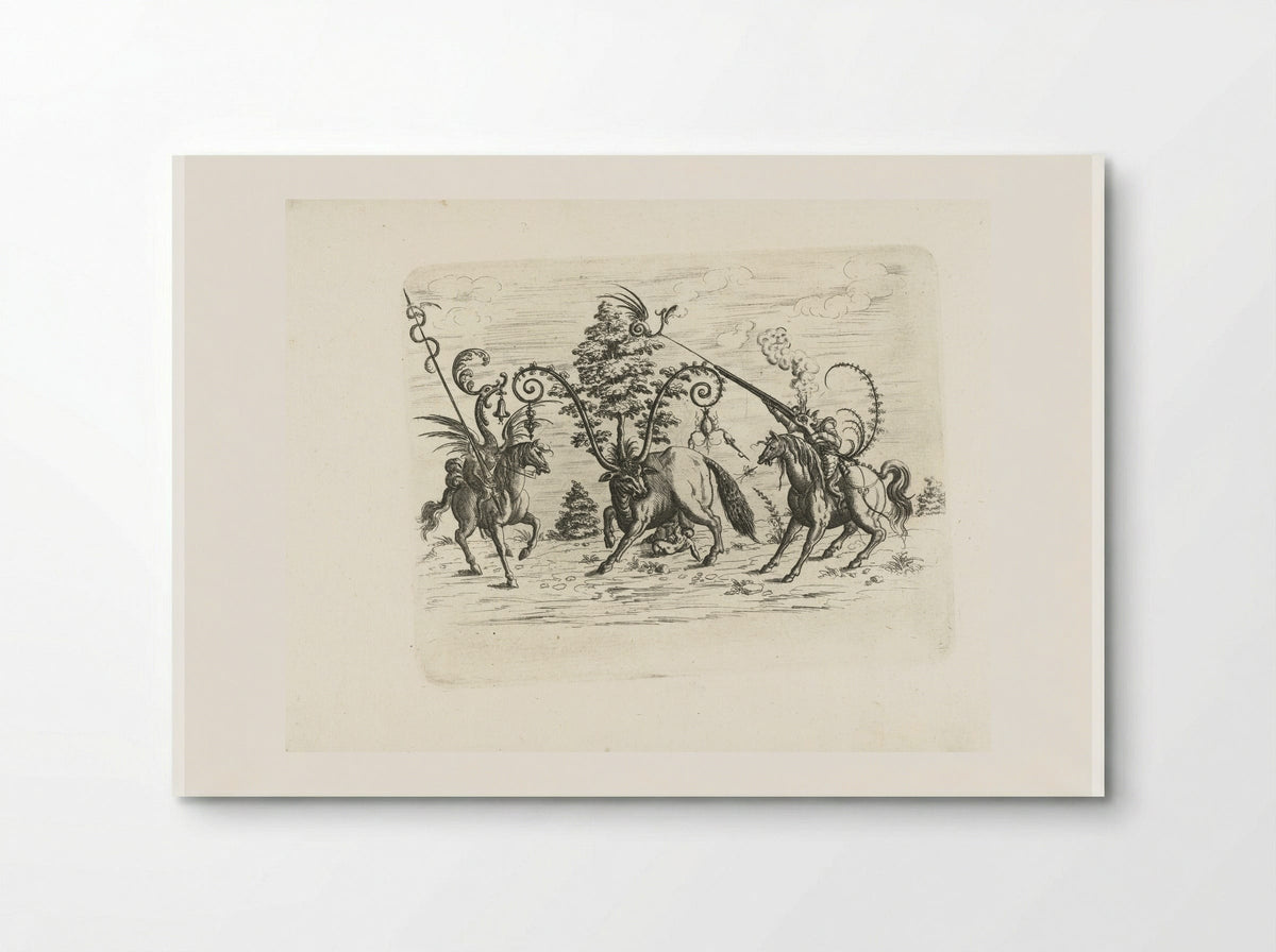 Landschap met een koe tussen twee fantastische wezens te paard - Christoph Jamnitzer - Poster