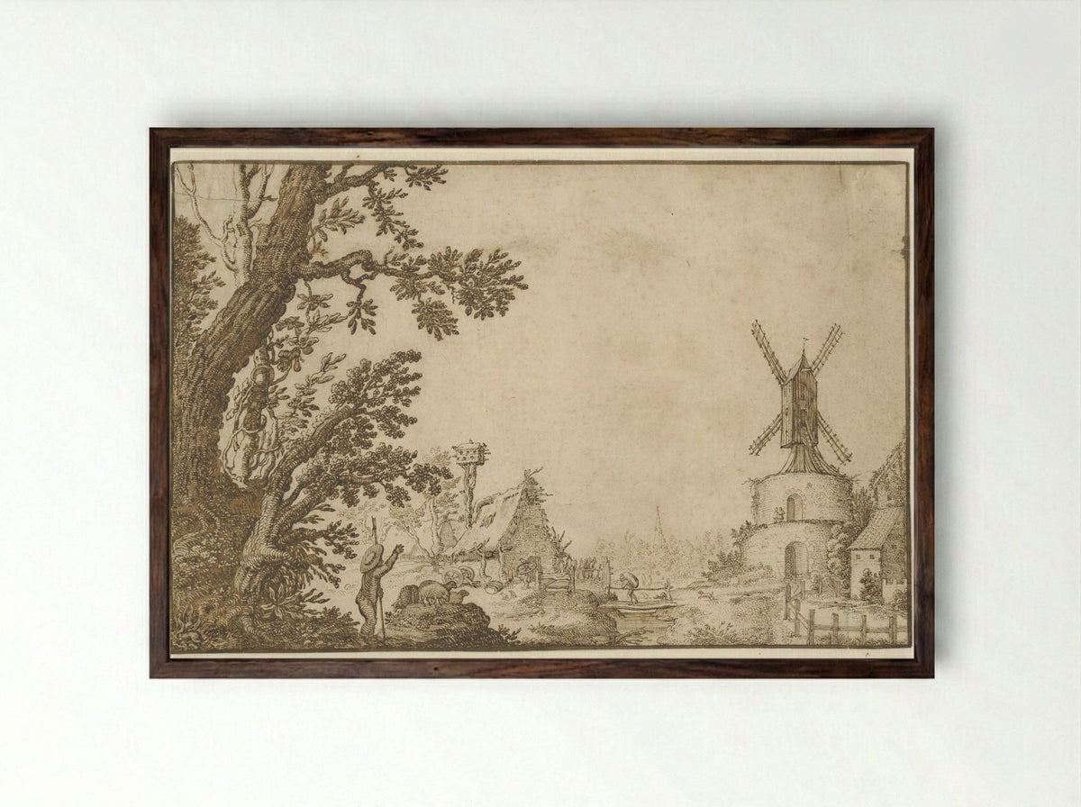Landschap met een molen op een bolwerk - Herman Breckerveld - Framed Print Dark Wood