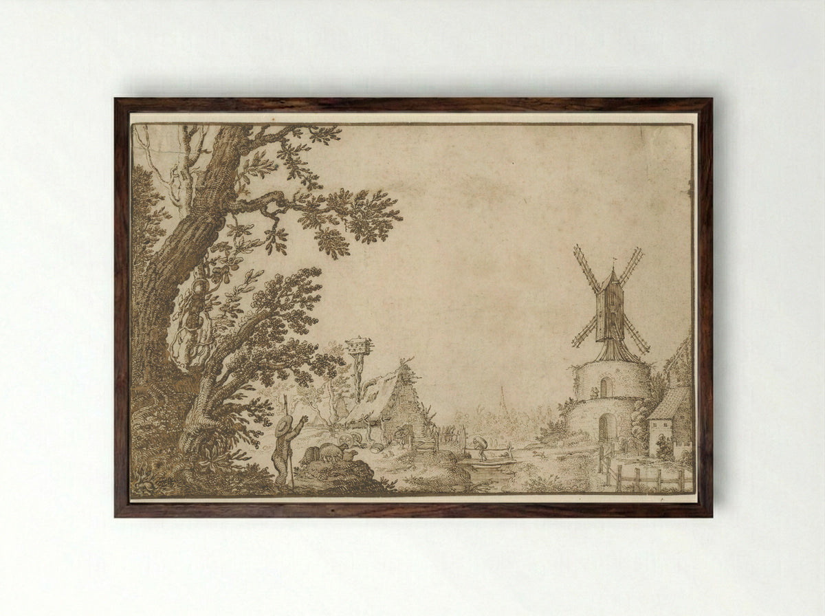 Landschap met een molen op een bolwerk - Herman Breckerveld - Framed Print Dark Wood