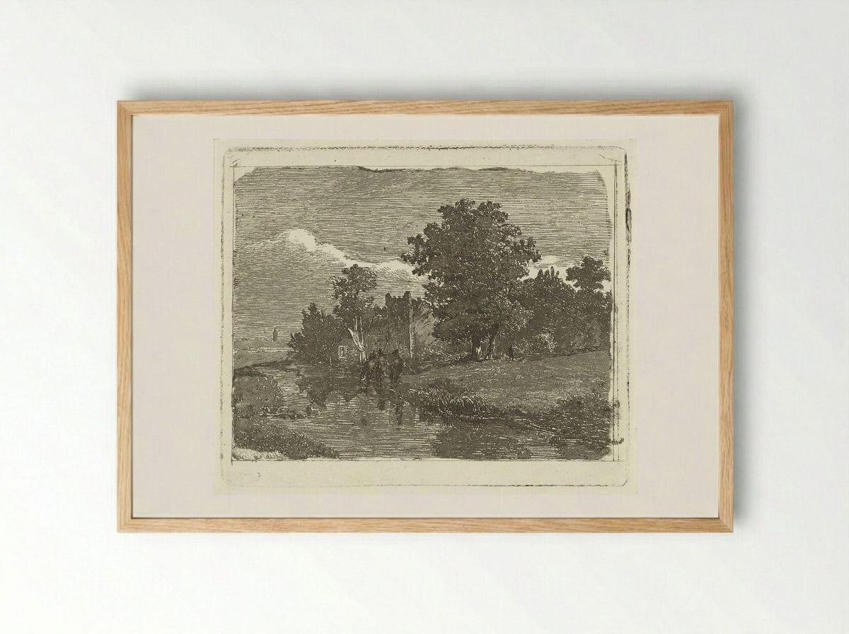 Landschap met een rivier en drie vissende mannen aan de waterkant - Johannes Adrianus van der Drift - Framed Print Wood