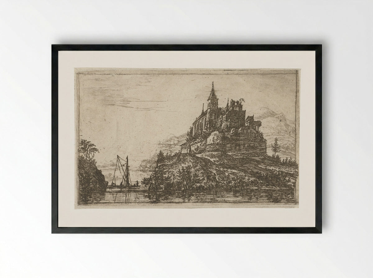 Landschap met een rivier en een kasteel op een heuvel - Jan Ruyscher - Framed Print Black