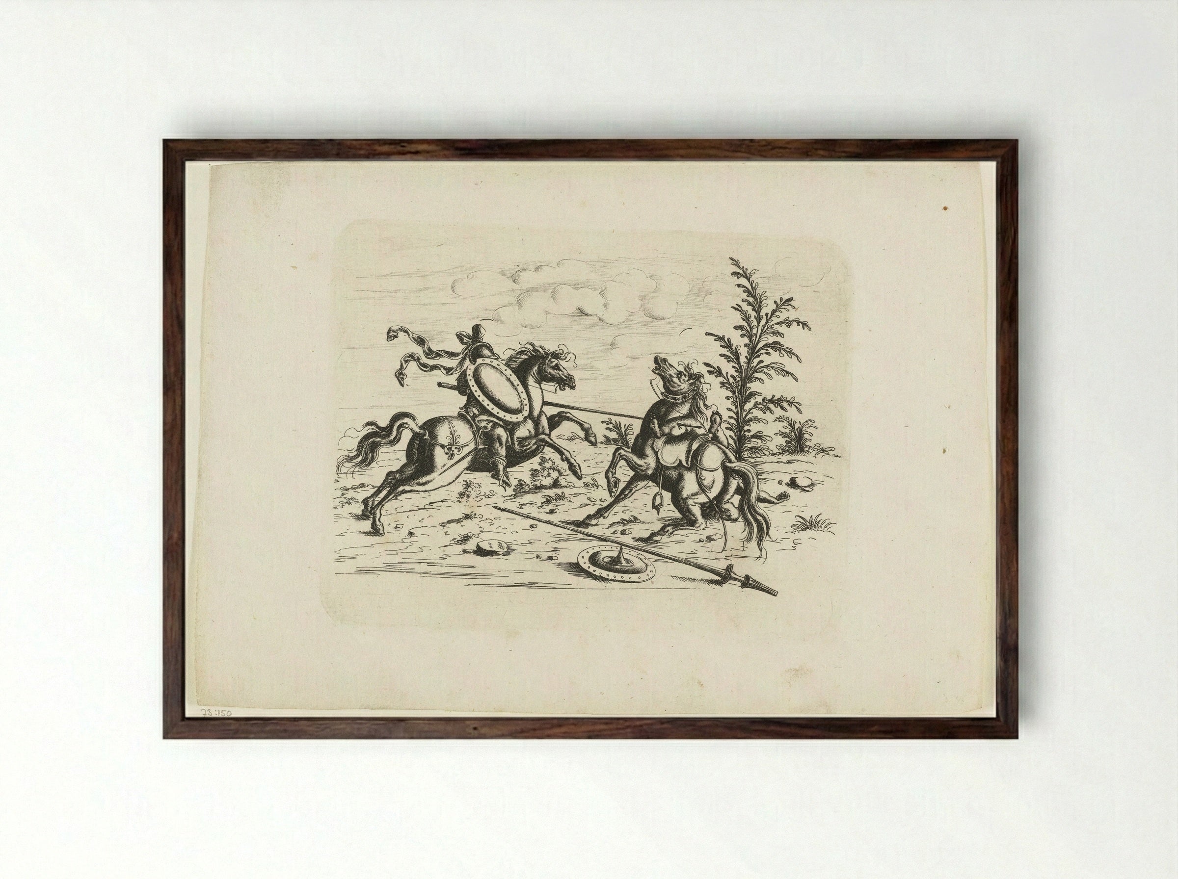 Landschap met een ruitergevecht tussen twee putti - Christoph Jamnitzer - Framed Print Dark Wood