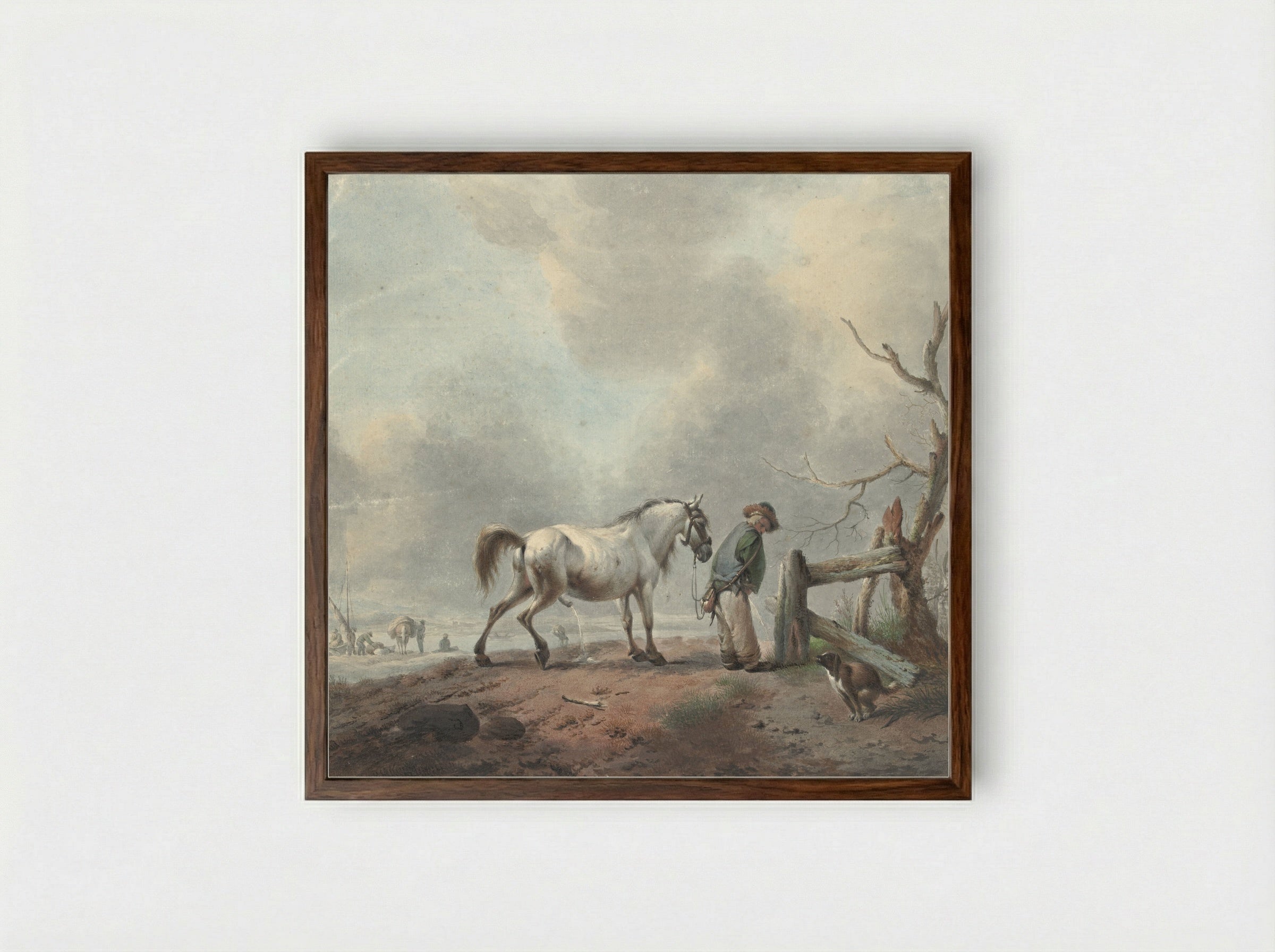 Landschap met een waterende man, paard en hond - Jan Augustini - Framed Print Dark Wood