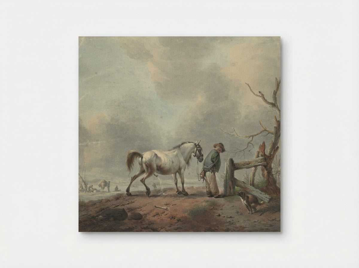 Landschap met een waterende man, paard en hond - Jan Augustini - Poster