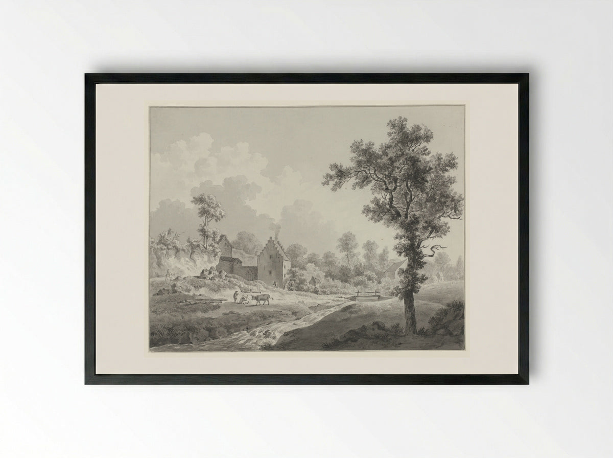 Landschap met een watermolen aan een beek - Henricus Josephus Antonissen - Framed Print Black