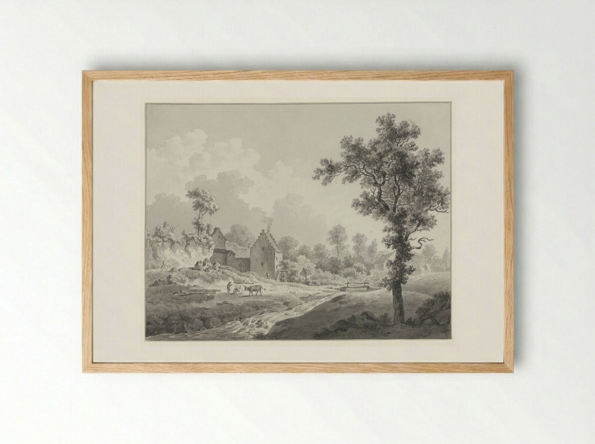 Landschap met een watermolen aan een beek - Henricus Josephus Antonissen - Framed Print Wood