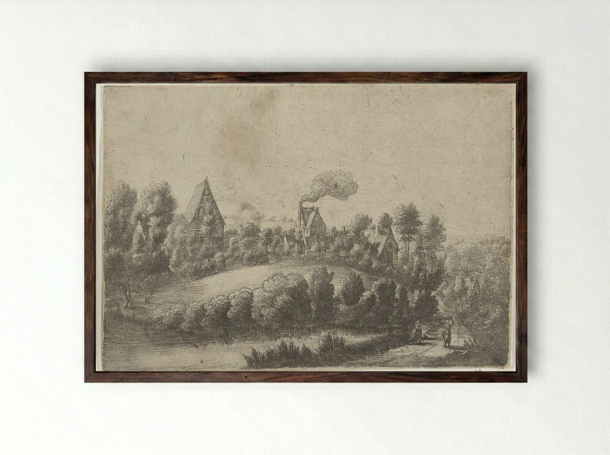Landschap met enkele huizen - Jean Baptiste Bonnecroy - Framed Print Dark Wood