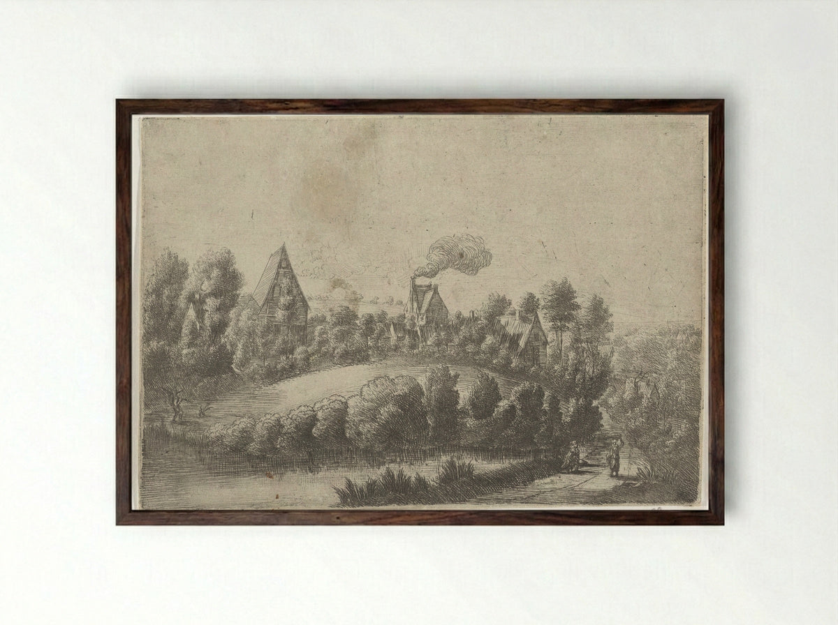 Landschap met enkele huizen - Jean Baptiste Bonnecroy - Framed Print Dark Wood