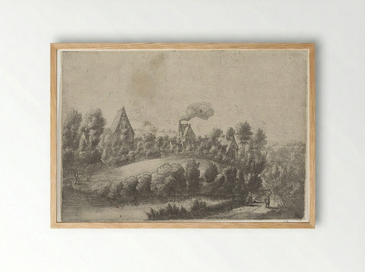 Landschap met enkele huizen - Jean Baptiste Bonnecroy - Framed Print Wood