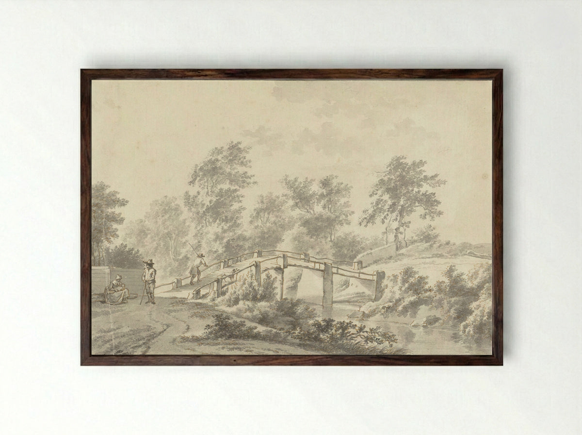 Landschap met figuren bij een brug - Geerlig Grijpmoed - Framed Print Dark Wood