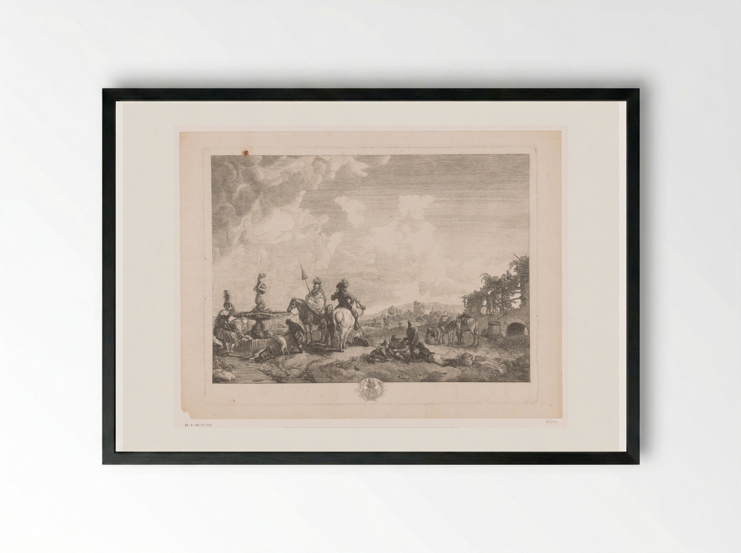Landschap met figuren bij een fontein - Jean Moyreau - Framed Print Black