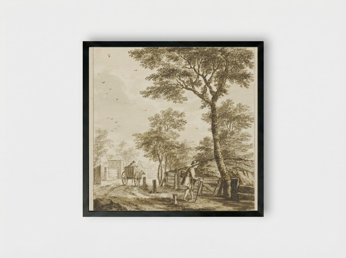 Landschap met figuren en een paard en wagen - Bartholomeus Barbiers - Framed Print Black