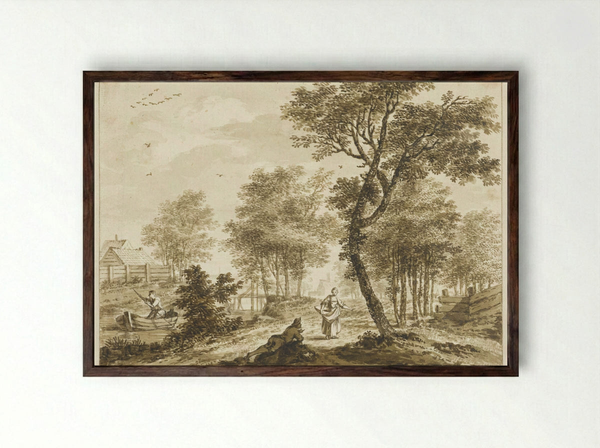 Landschap met figuren en links een man in een punter - Bartholomeus Barbiers - Framed Print Dark Wood