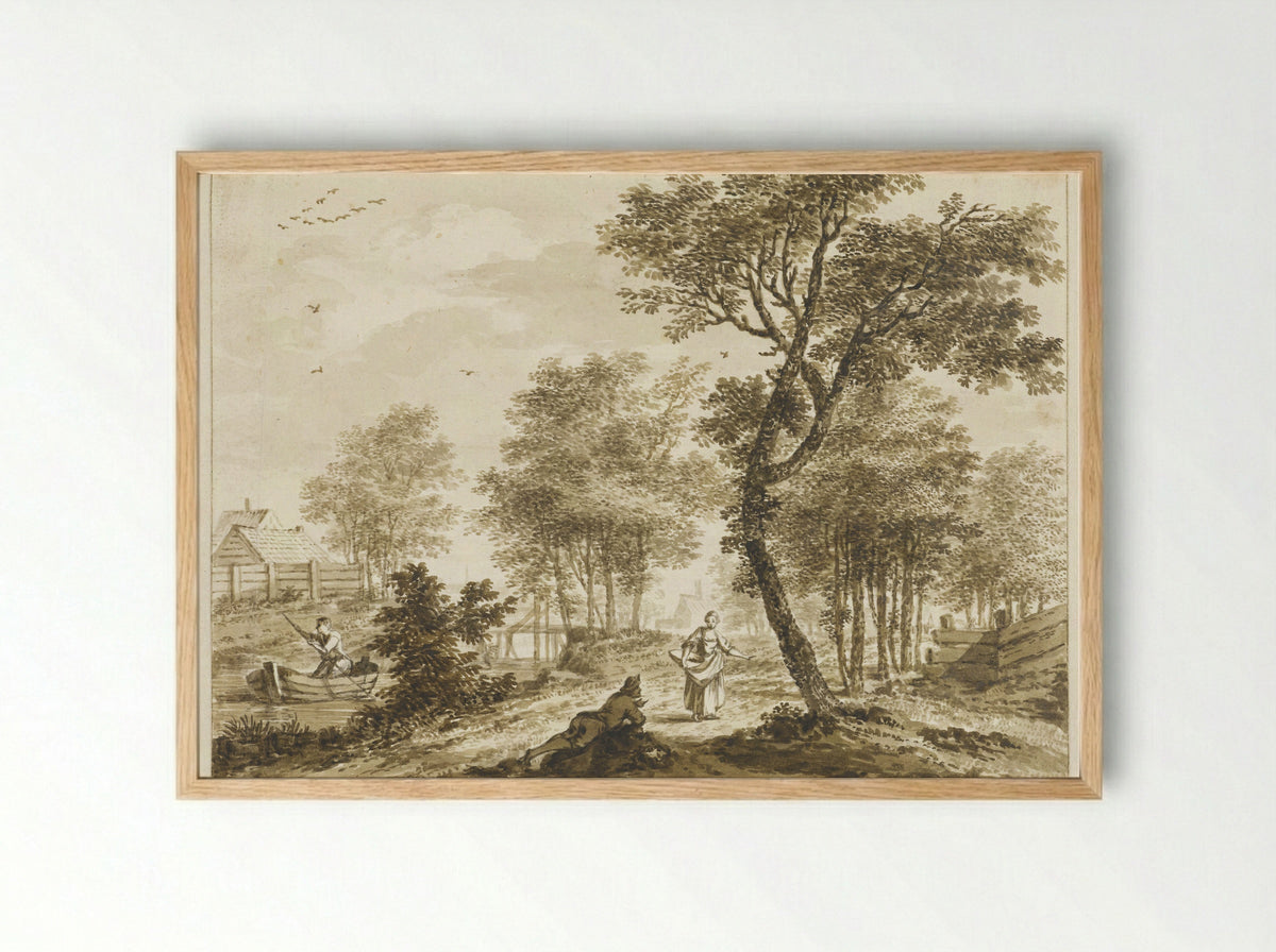 Landschap met figuren en links een man in een punter - Bartholomeus Barbiers - Framed Print Wood