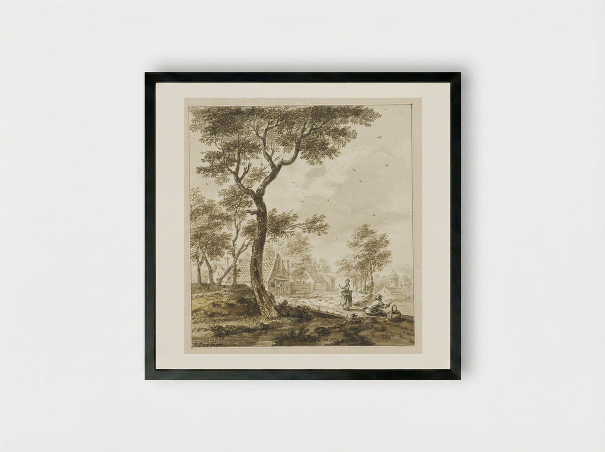 Landschap met figuren en rechts een hengelaar - Bartholomeus Barbiers - Framed Print Black