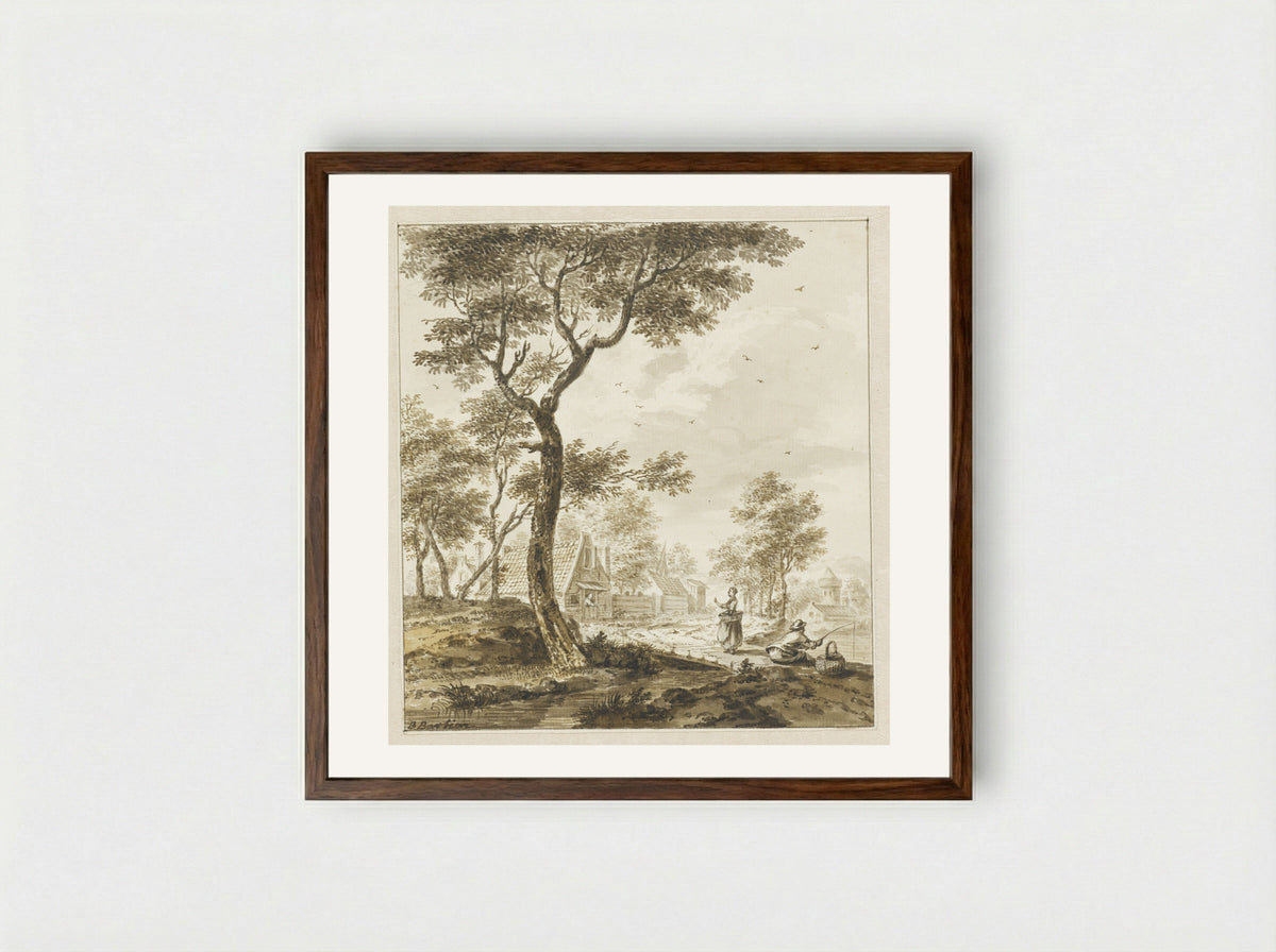 Landschap met figuren en rechts een hengelaar - Bartholomeus Barbiers - Framed Print Dark Wood