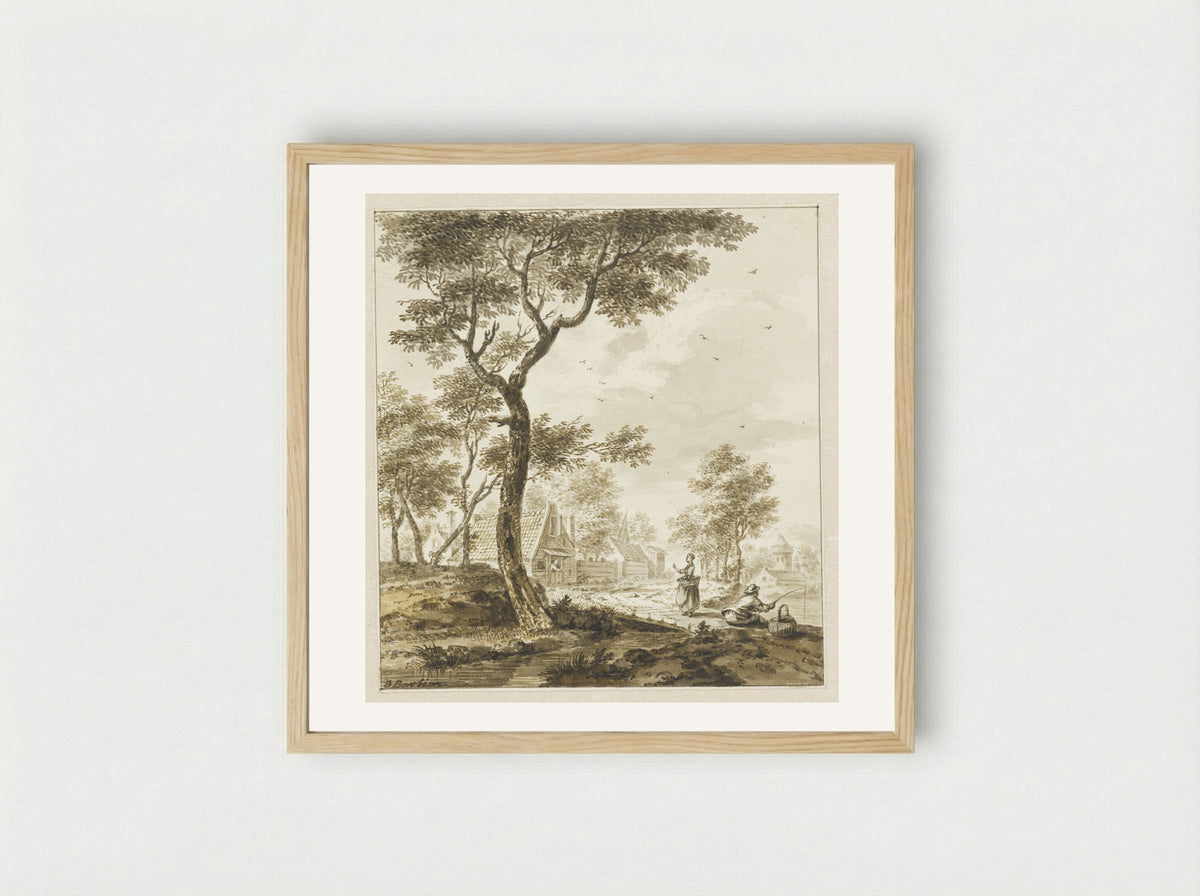 Landschap met figuren en rechts een hengelaar - Bartholomeus Barbiers - Framed Print Wood