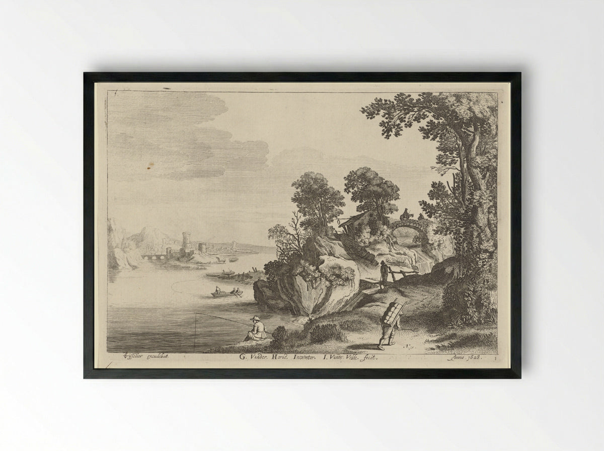 Landschap met gebouwen en een toren - Gerard van der Horst - Framed Print Black