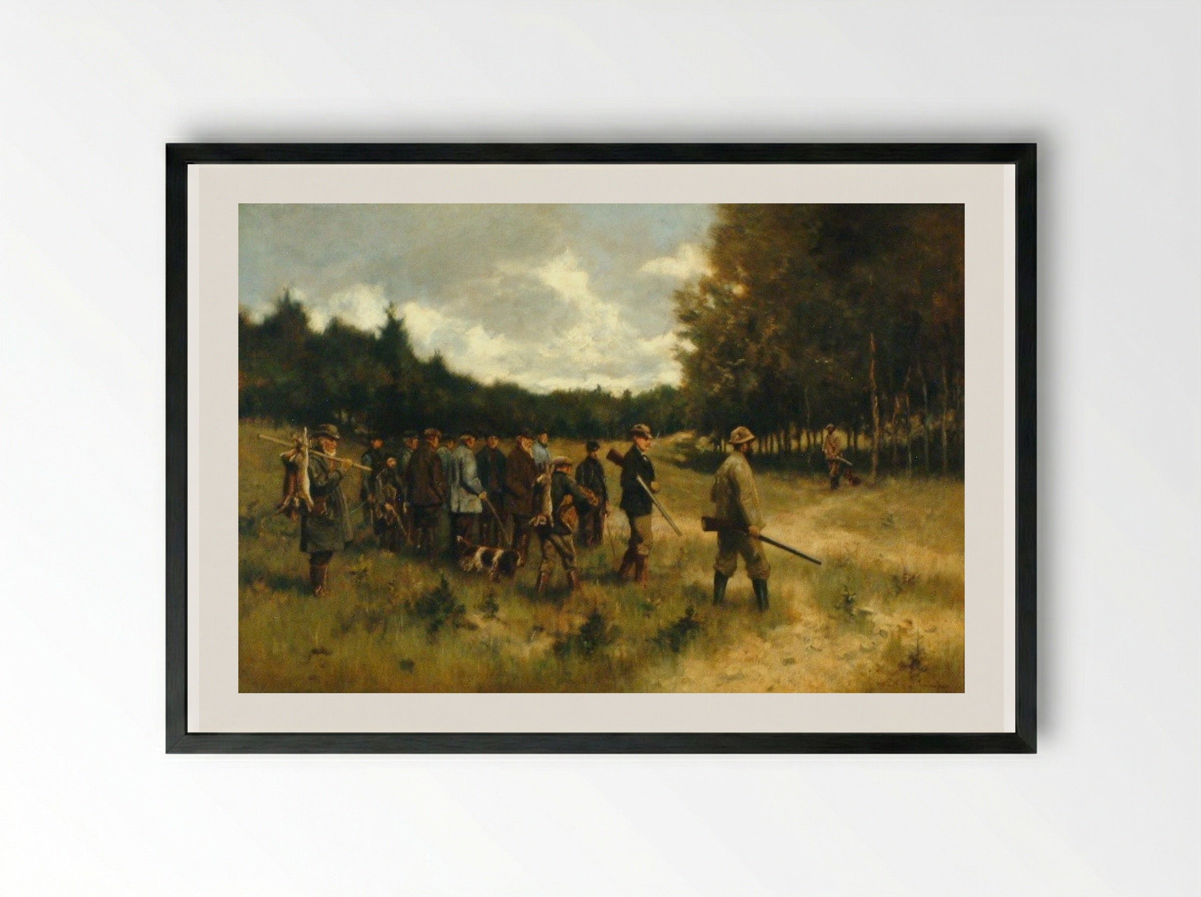 Landschap met groep jagers na de jacht op de Leusderhei - Jan van Essen - Framed Print Black