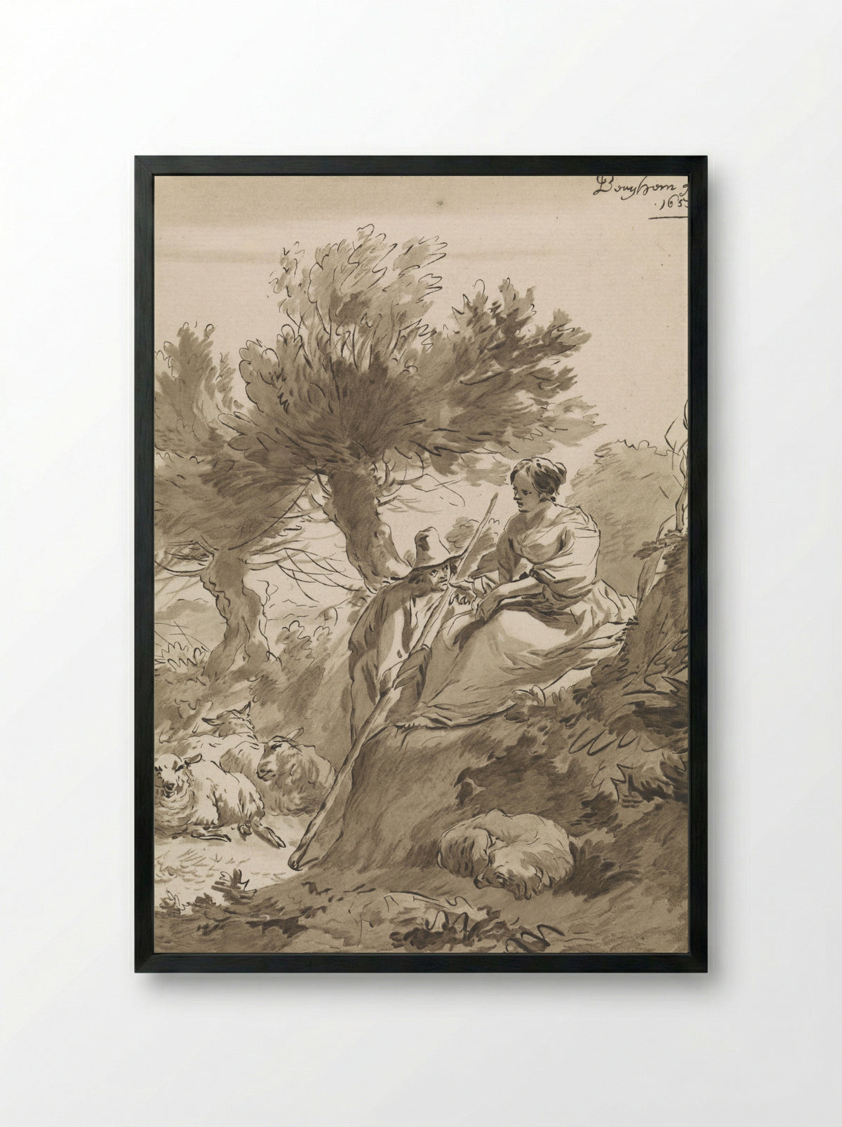 Landschap met herder en herderin en hun schapen - Guillaume Saint - Framed Print Black