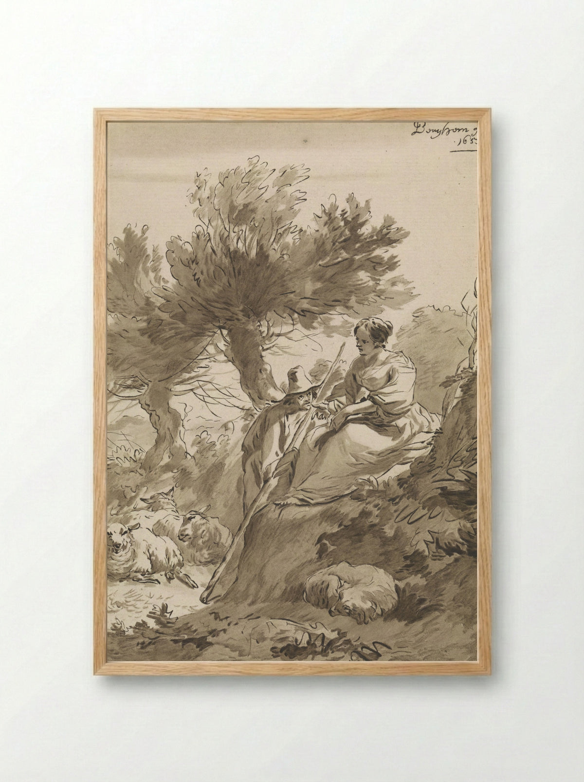 Landschap met herder en herderin en hun schapen - Guillaume Saint - Framed Print Wood