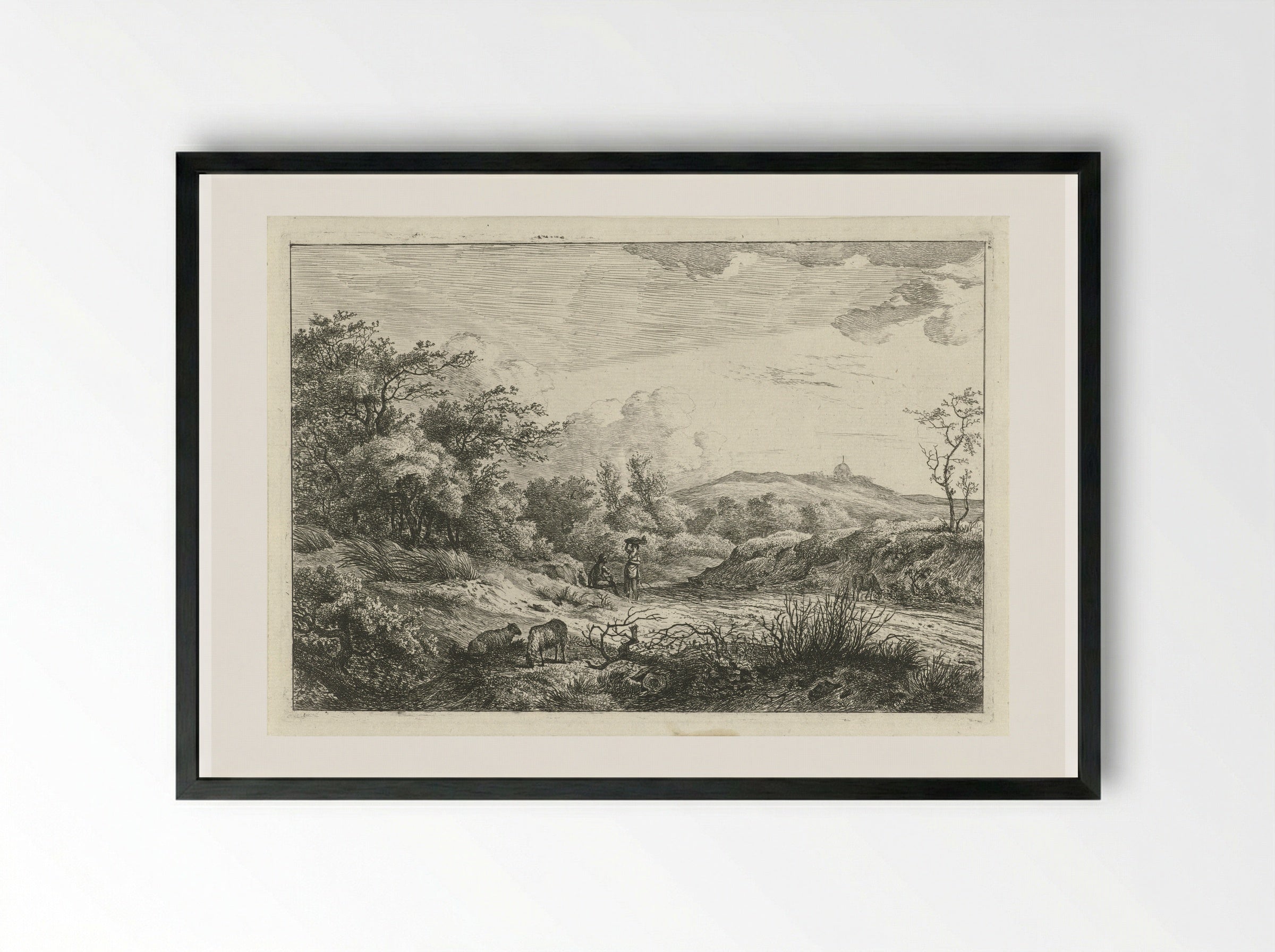 Landschap met herder en vrouw - Hermanus Fock - Framed Print Black