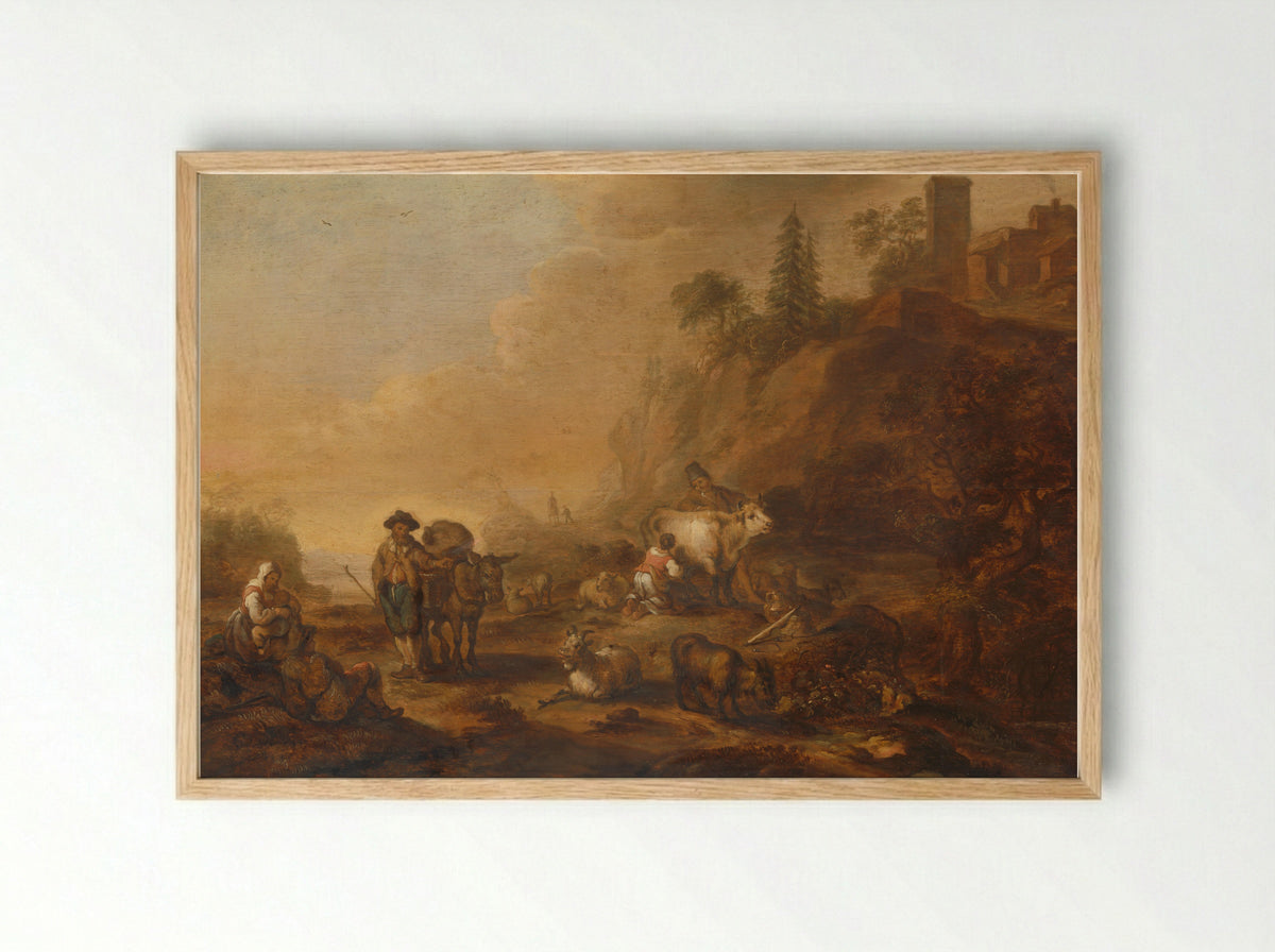 Landschap met herders en vee - Cornelis de Bie - Framed Print Wood