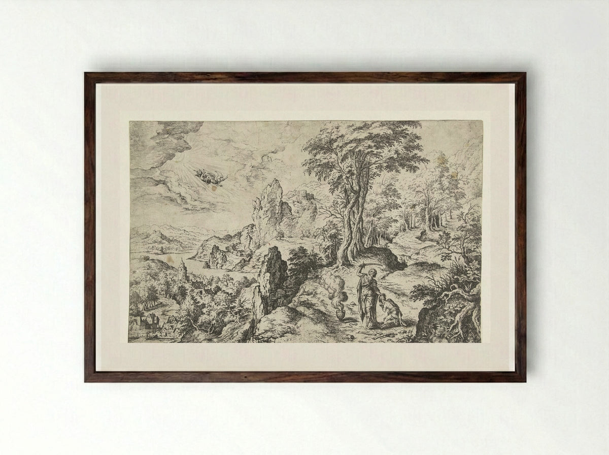 Landschap met het offer van Isaak - Hieronymus Cock - Framed Print Dark Wood