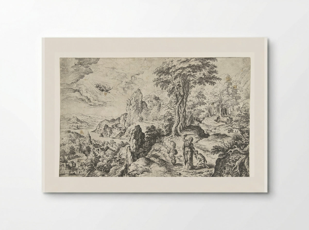 Landschap met het offer van Isaak - Hieronymus Cock - Poster