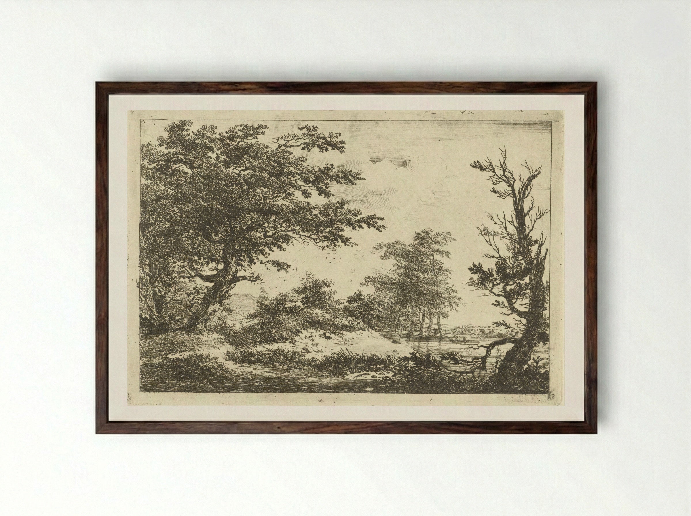Landschap met heuvel, water en bomen - Hermanus van Brussel - Framed Print Dark Wood