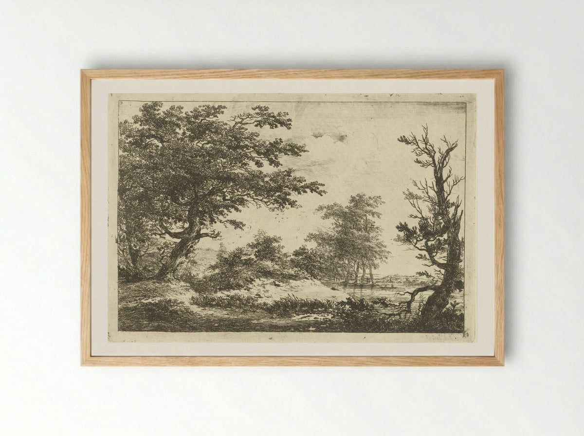 Landschap met heuvel, water en bomen - Hermanus van Brussel - Framed Print Wood