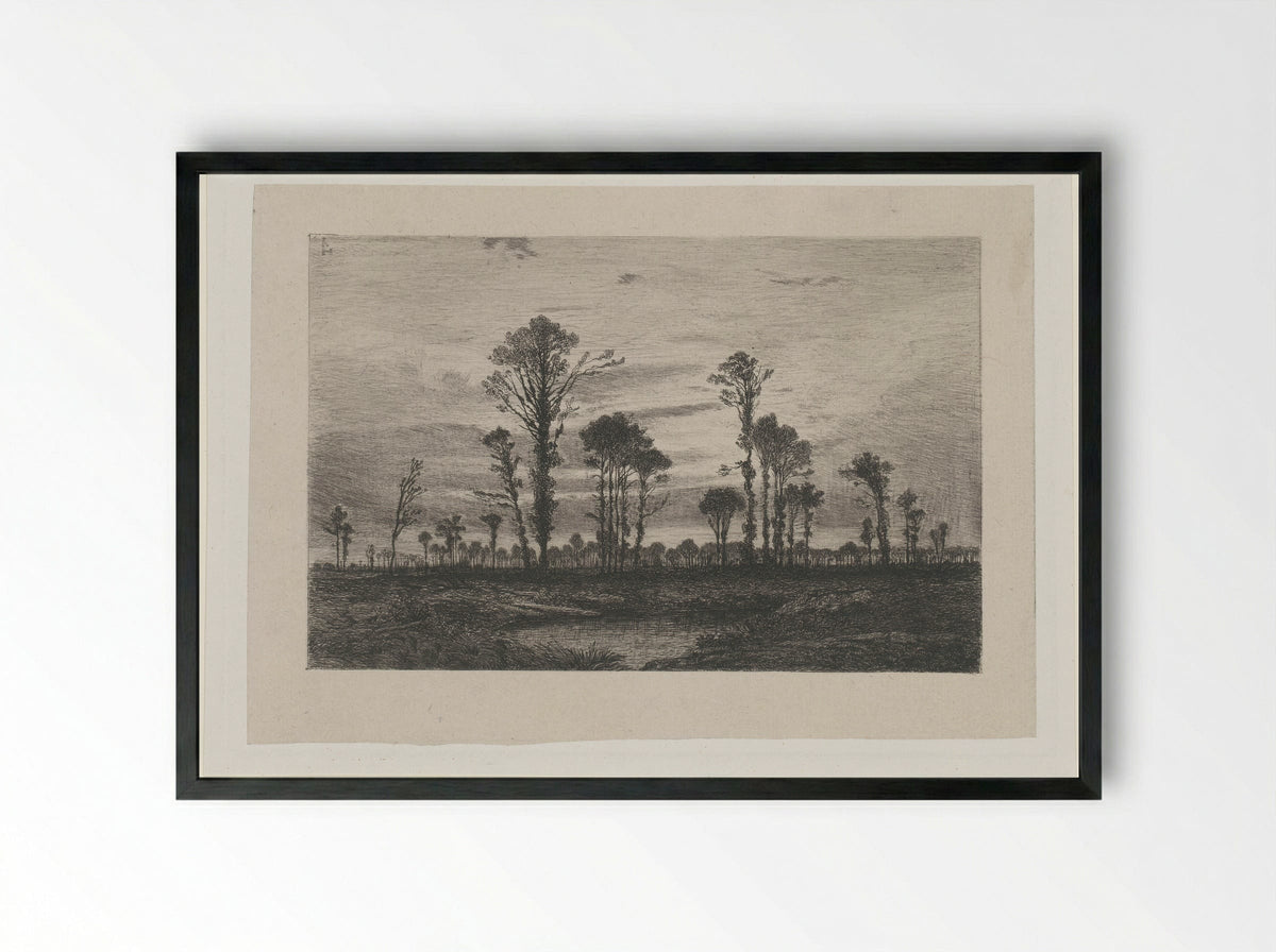 Landschap met hoge bomen en een vijver - Henri Joseph Harpignies - Framed Print Black