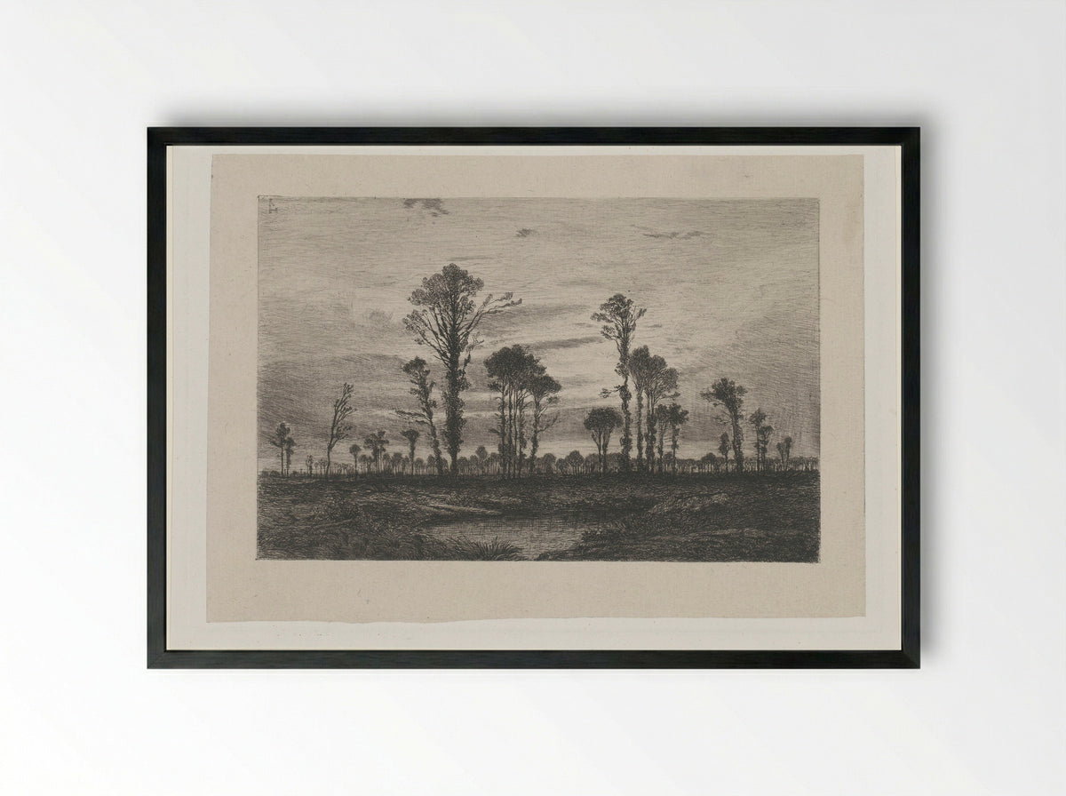 Landschap met hoge bomen en een vijver - Henri Joseph Harpignies - Framed Print Black