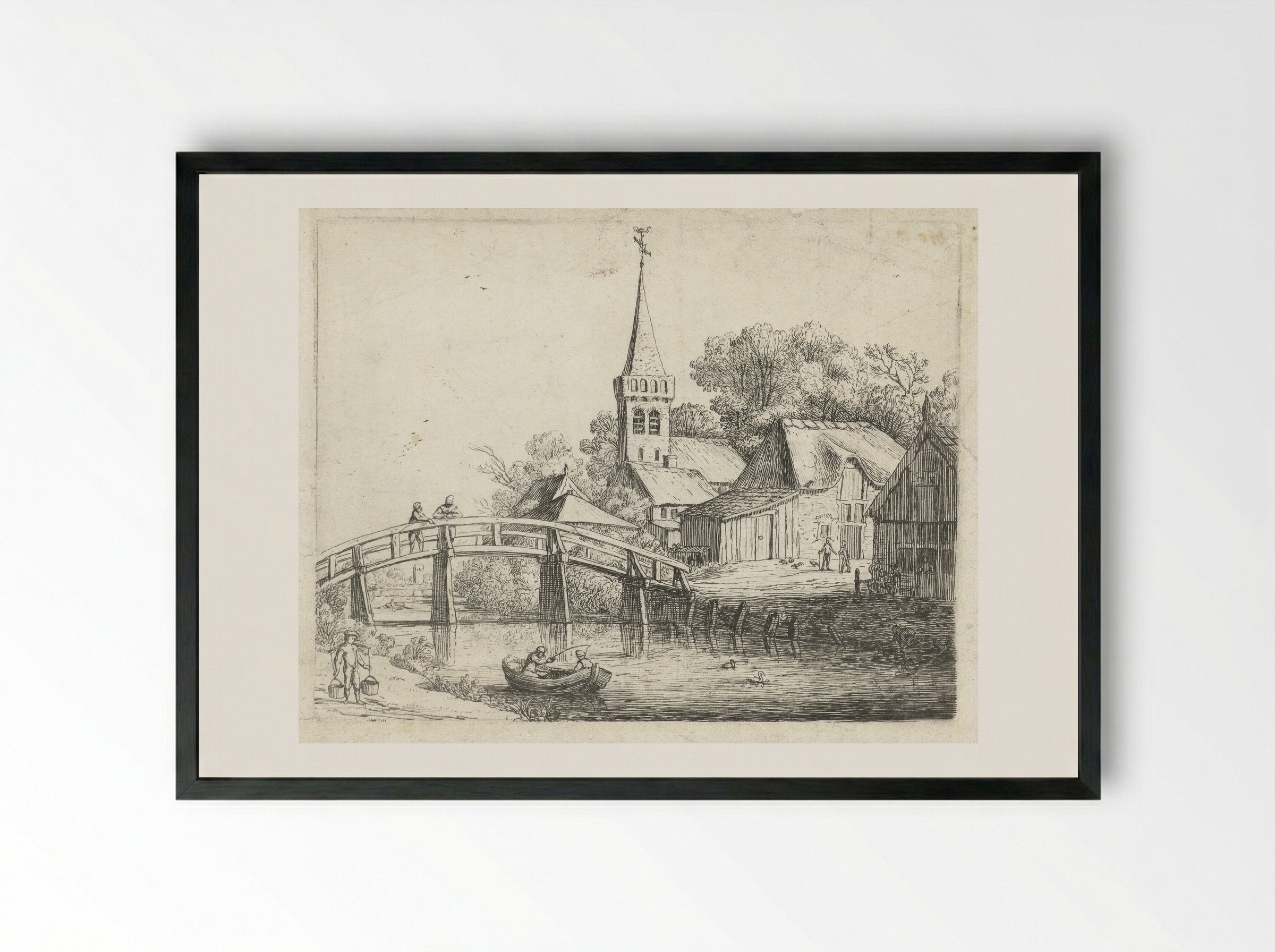 Landschap met houten brug - Jan van de Cappelle - Framed Print Black