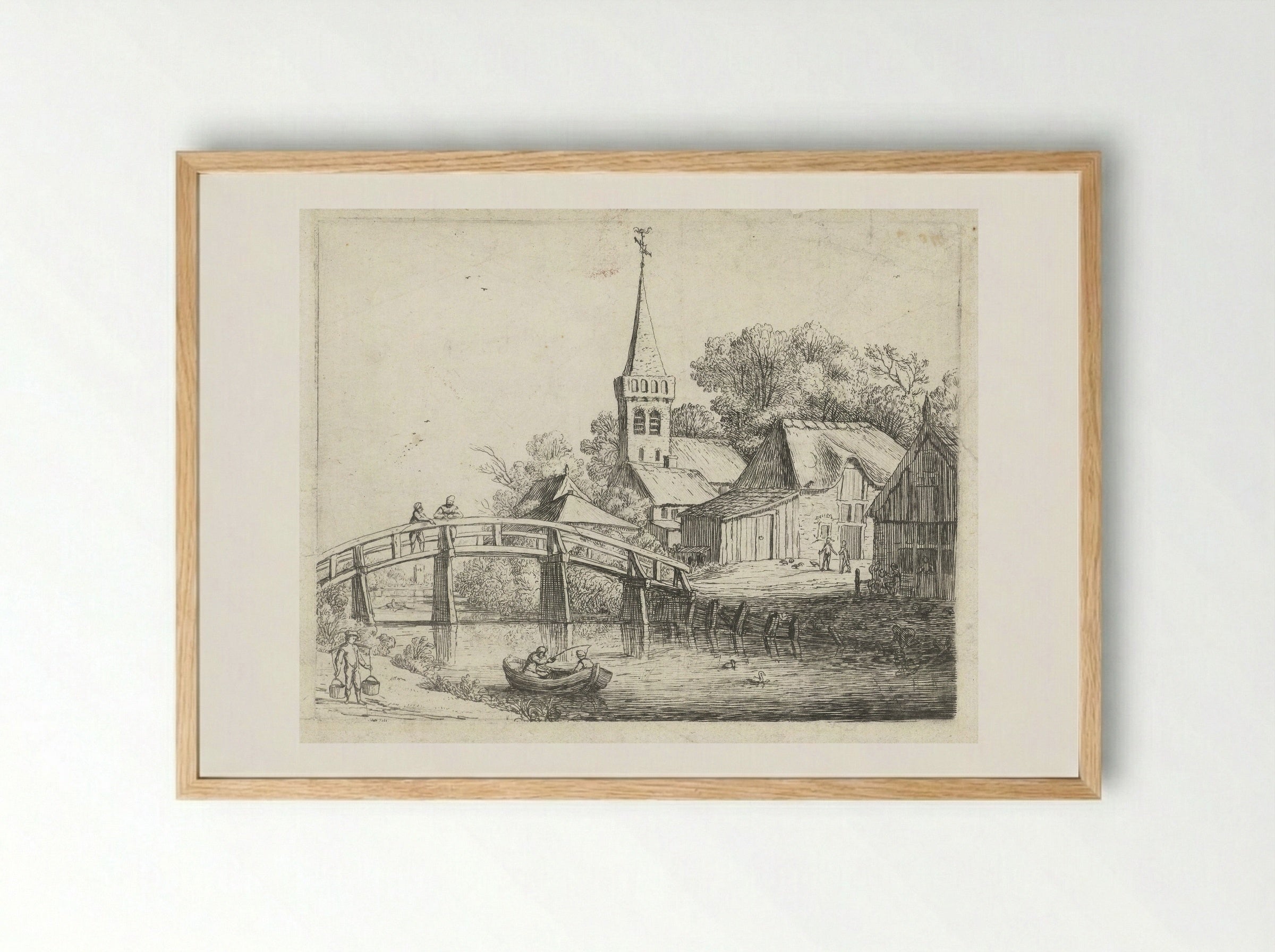 Landschap met houten brug - Jan van de Cappelle - Framed Print Wood