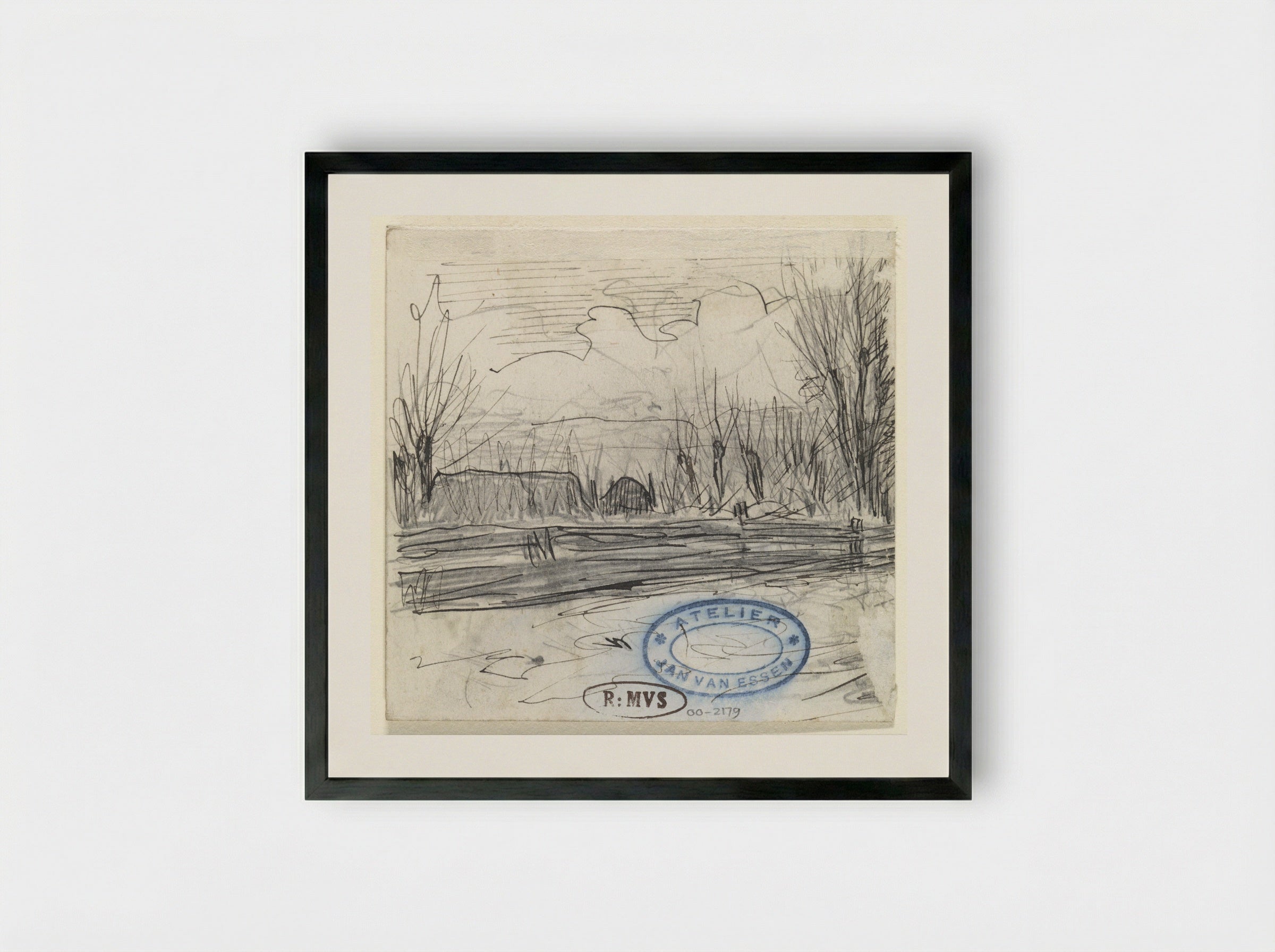 Landschap met huis tussen bomen achter hek - Jan van Essen - Framed Print Black