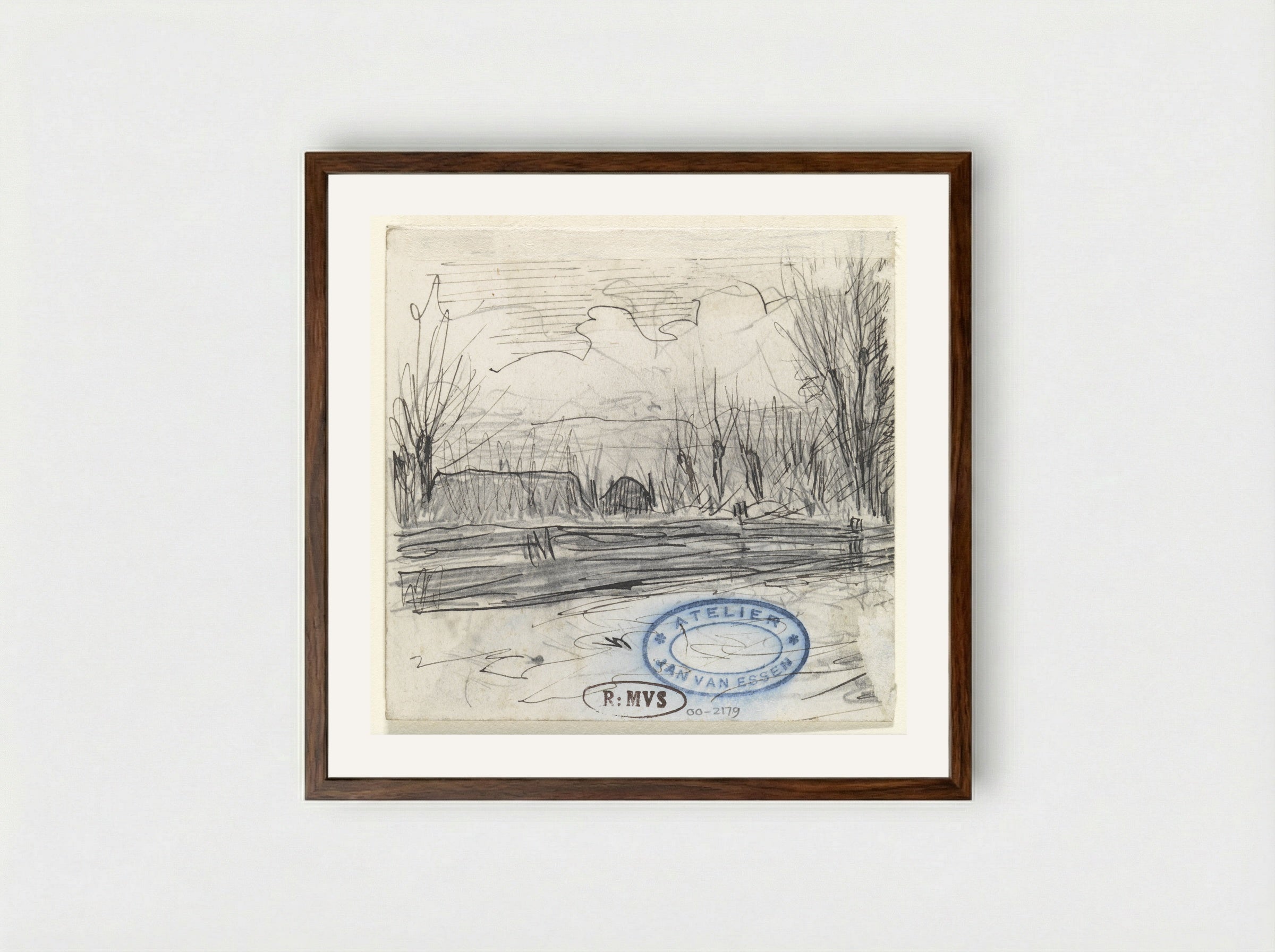Landschap met huis tussen bomen achter hek - Jan van Essen - Framed Print Dark Wood