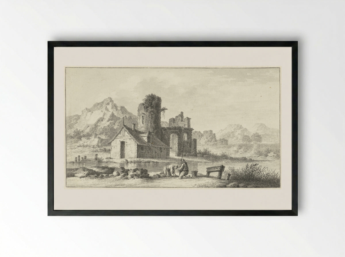 Landschap met huis voor ruïne en op de voorgrond twee figuren - Louis E.F. Garreau - Framed Print Black