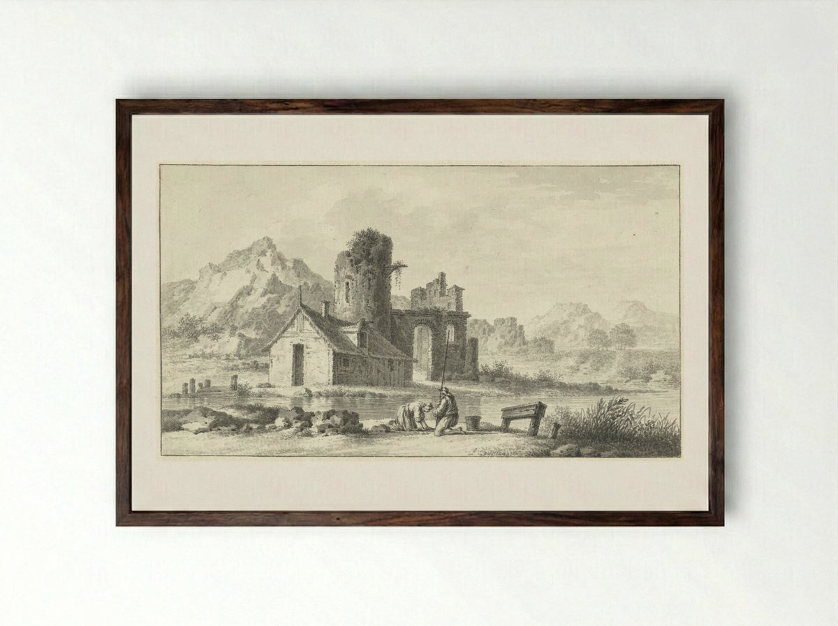 Landschap met huis voor ruïne en op de voorgrond twee figuren - Louis E.F. Garreau - Framed Print Dark Wood