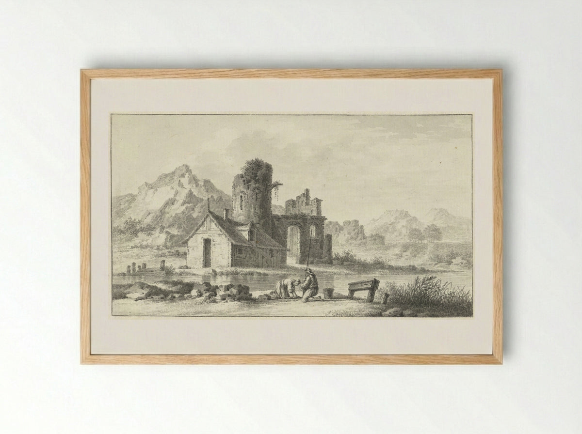 Landschap met huis voor ruïne en op de voorgrond twee figuren - Louis E.F. Garreau - Framed Print Wood