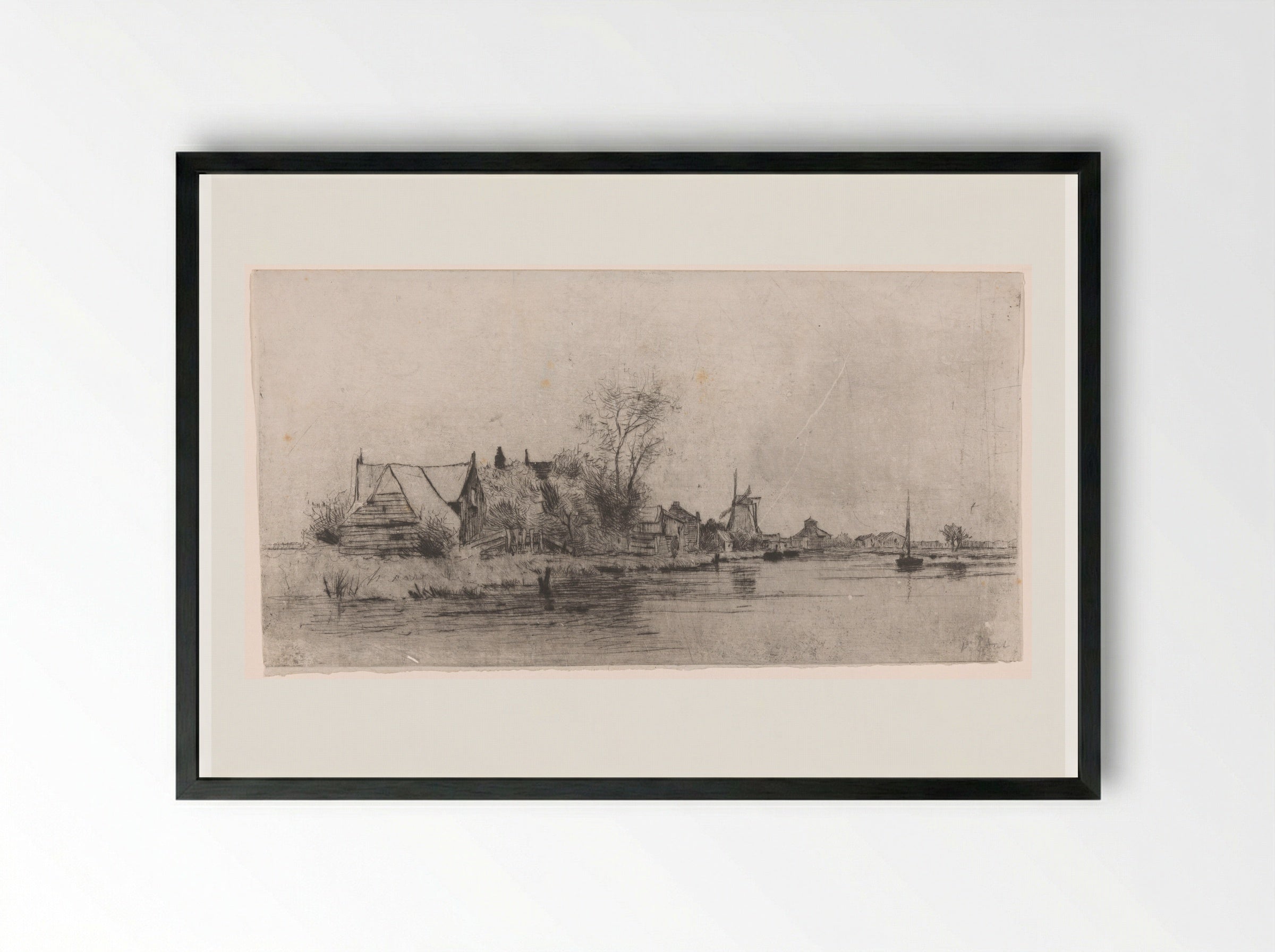 Landschap met huizen en molen aan het water - Philip Zilcken - Framed Print Black