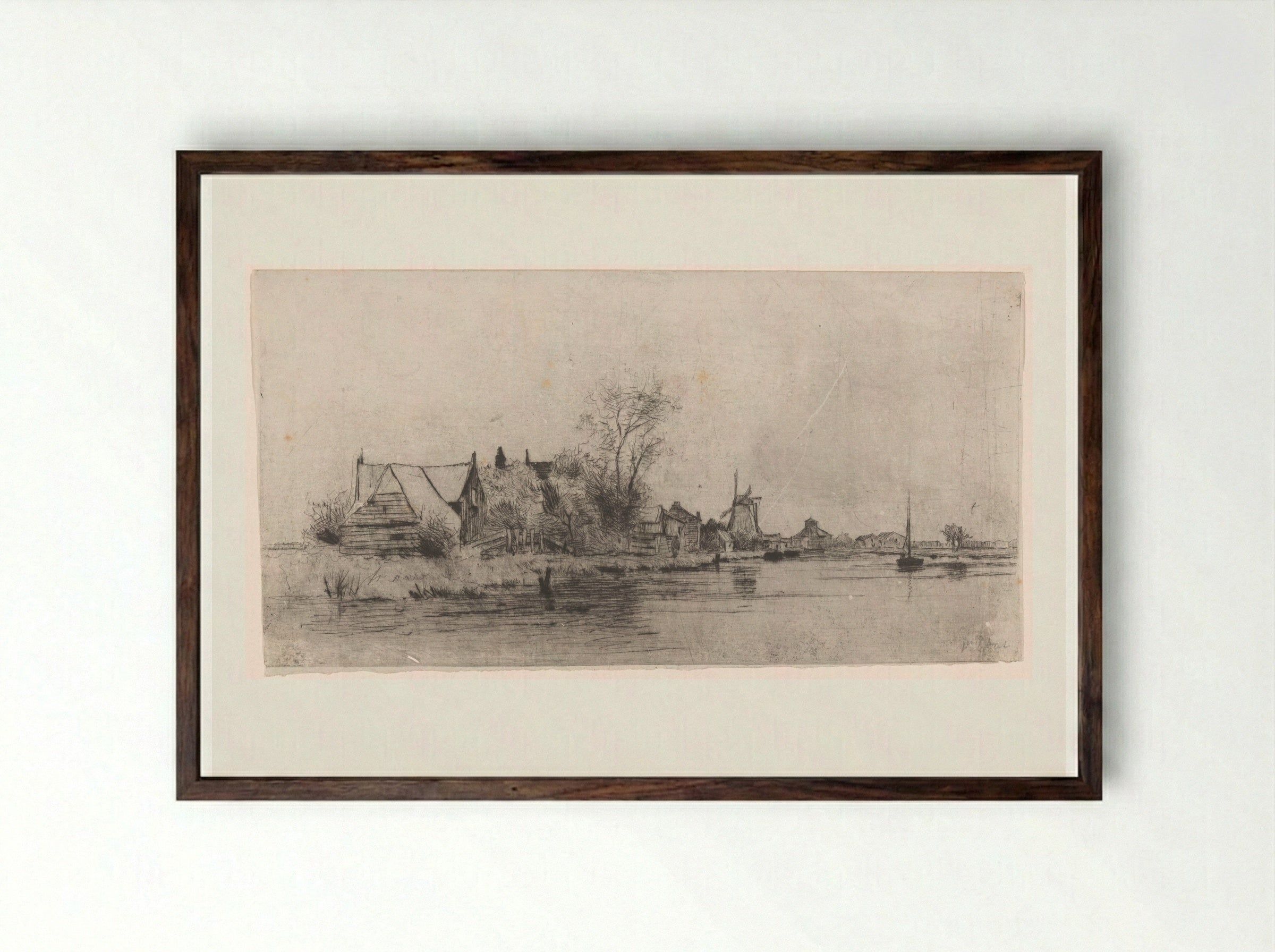 Landschap met huizen en molen aan het water - Philip Zilcken - Framed Print Dark Wood