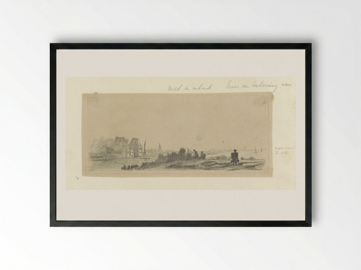 Landschap met kanaal, hengelaars en melkboer - Henry Louis Basan - Framed Print Black