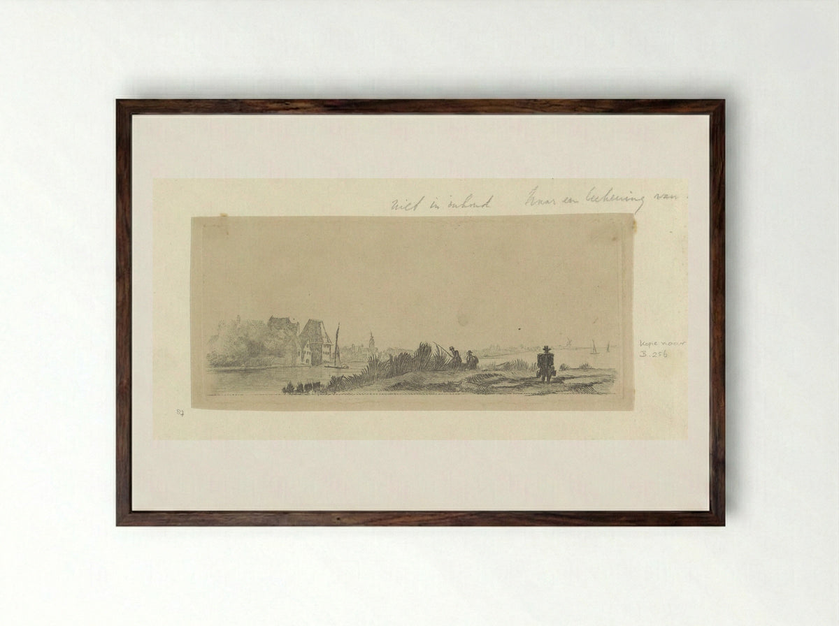 Landschap met kanaal, hengelaars en melkboer - Henry Louis Basan - Framed Print Dark Wood