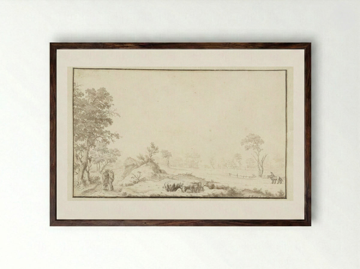Landschap met koeien en wandelaars - Jan Matthysz. - Framed Print Dark Wood