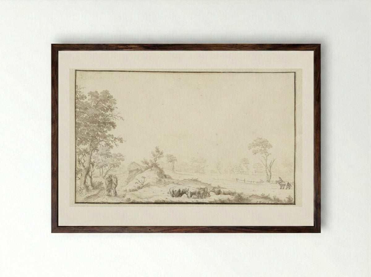 Landschap met koeien en wandelaars - Jan Matthysz. - Framed Print Dark Wood