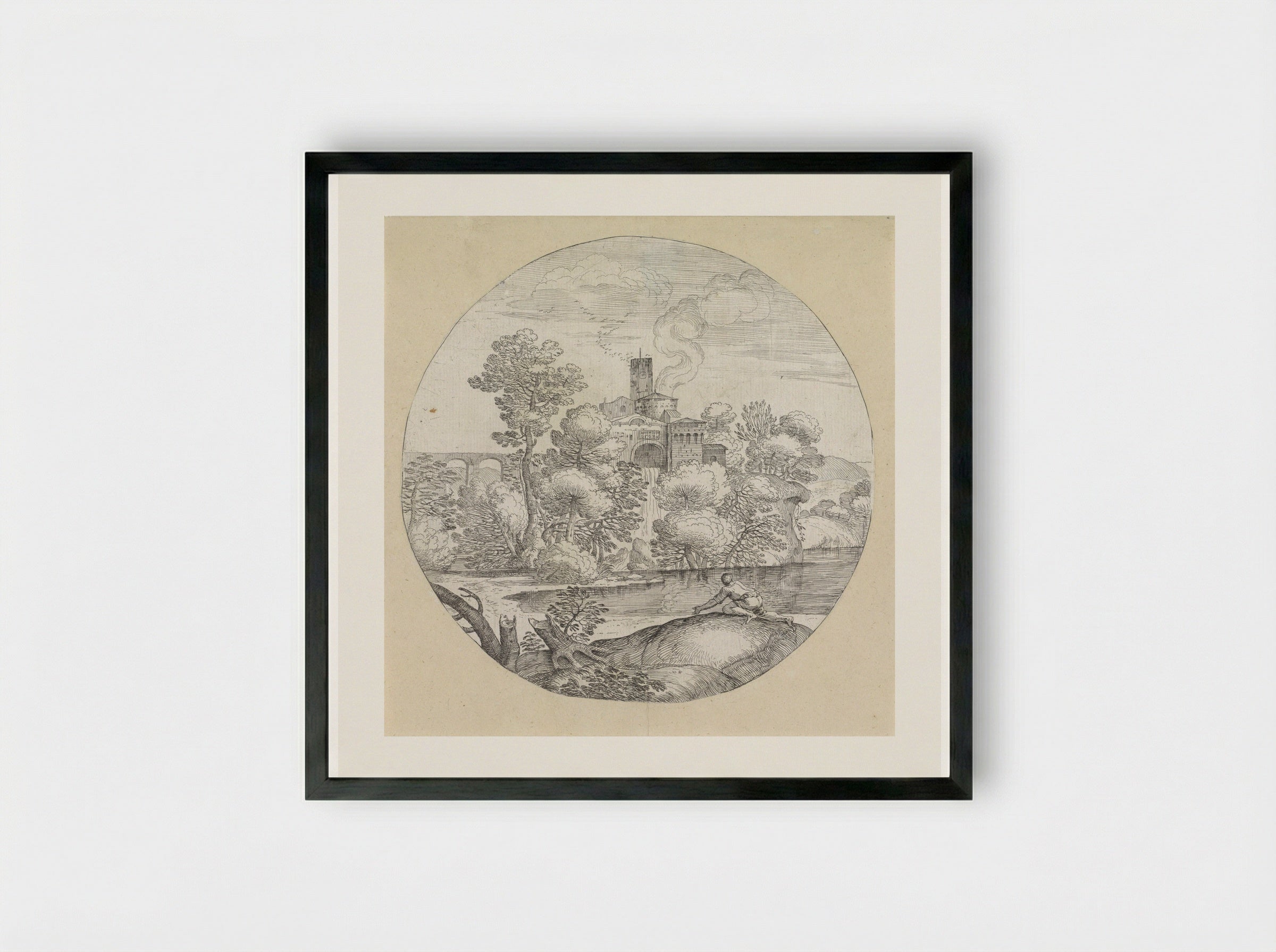 Landschap met kruipende man - Giovanni Francesco Grimaldi - Framed Print Black