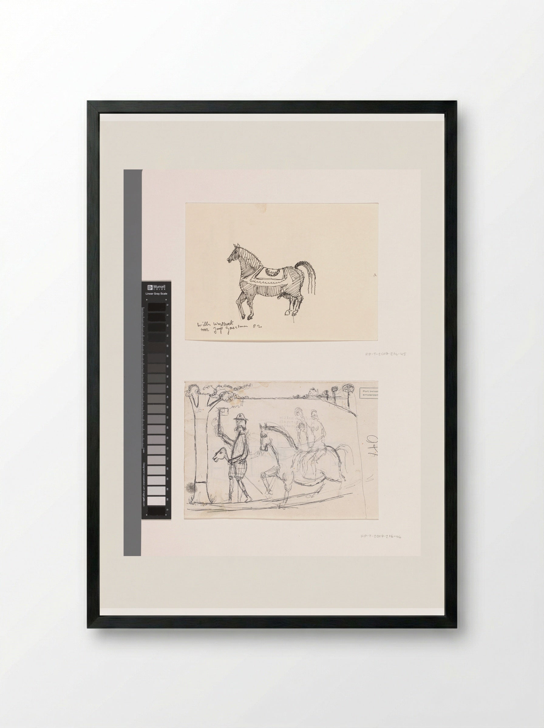 Landschap met man op een stokpaard en twee figuren zittend op een paard - Willem Westbroek - Framed Print Black